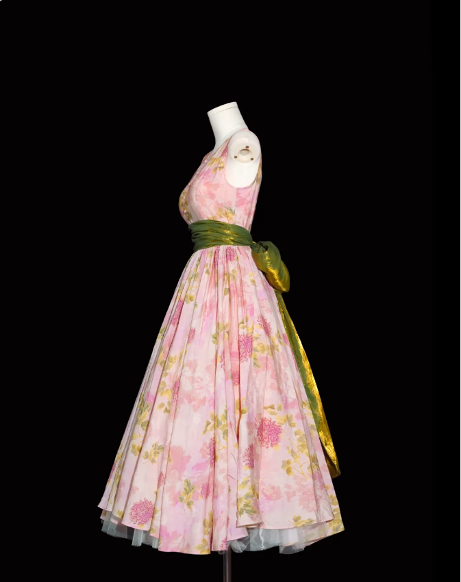 Retro Pink Floral Print A-line Round Neck Bow Waist-Cinching Long Prom Dress cc5306