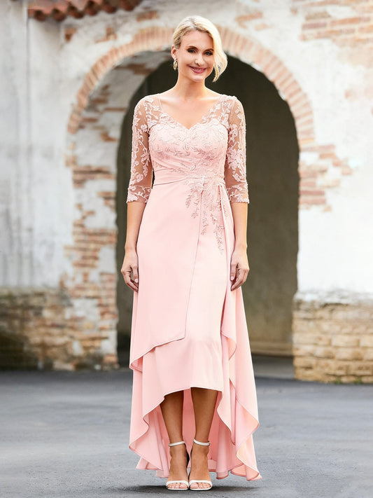 V-neck Appliqued Chiffon A-Line Asymmetrical Dress Blushing Pink