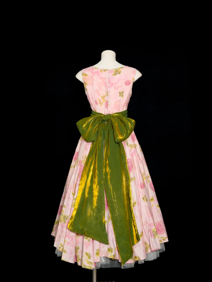 Retro Pink Floral Print A-line Round Neck Bow Waist-Cinching Long Prom Dress cc5306
