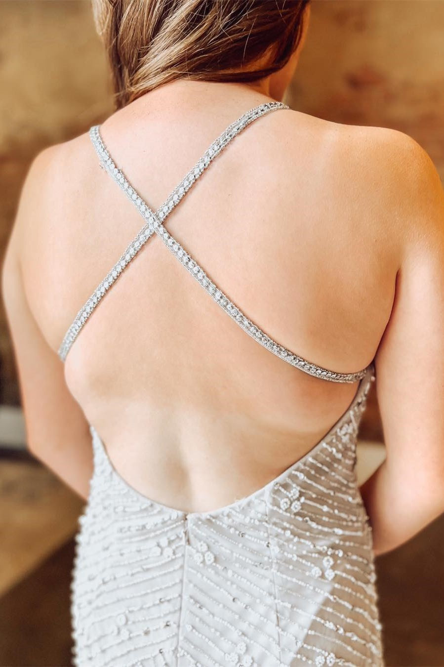 White Beaded Cross-Back Short Cocktail Dress