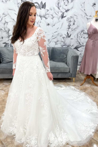 White Lace Tulle Queen Anne Neck Long Sleeve Bridal Gown
