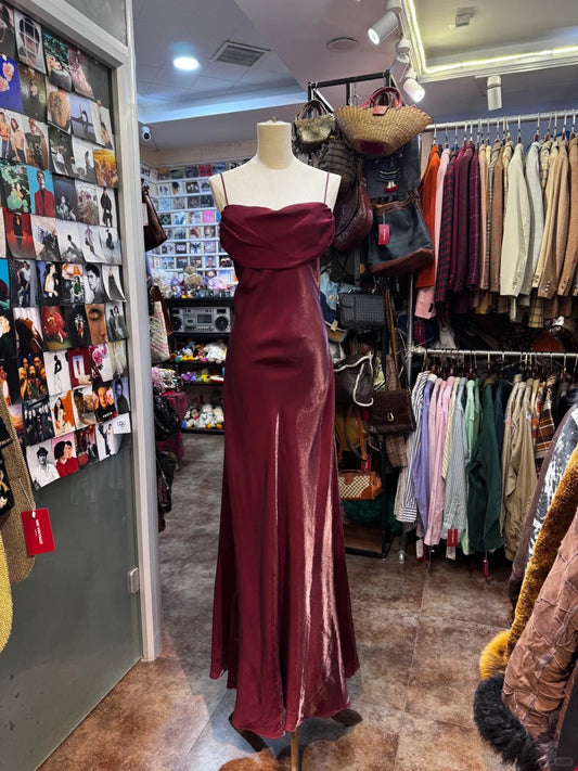 Vintage Burgundy Spaghetti Strap Halter Neck Satin Long Prom Dress Evening Dress cc5307