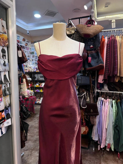 Vintage Burgundy Spaghetti Strap Halter Neck Satin Long Prom Dress Evening Dress cc5307