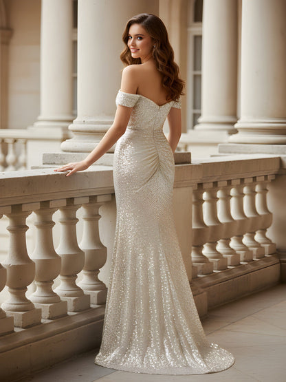 Pleated Off-the-shoulder Sequins Dress With Slit Champagne