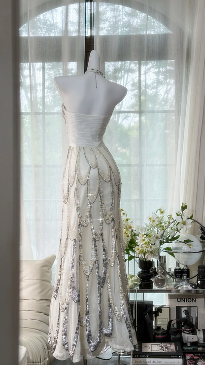 Vintage White Beaded Sparkling Long Chiffon Spaghetti Strap Romantic Ball Gown Evening Dress Prom Dresses HZ1024