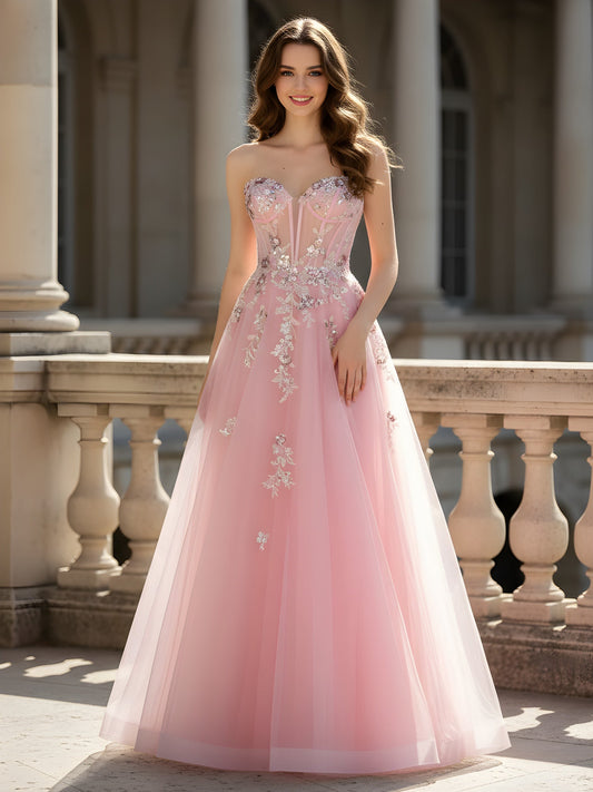 Sweetheart Corset A-Line Appliqued Tulle Dress Blushing Pink