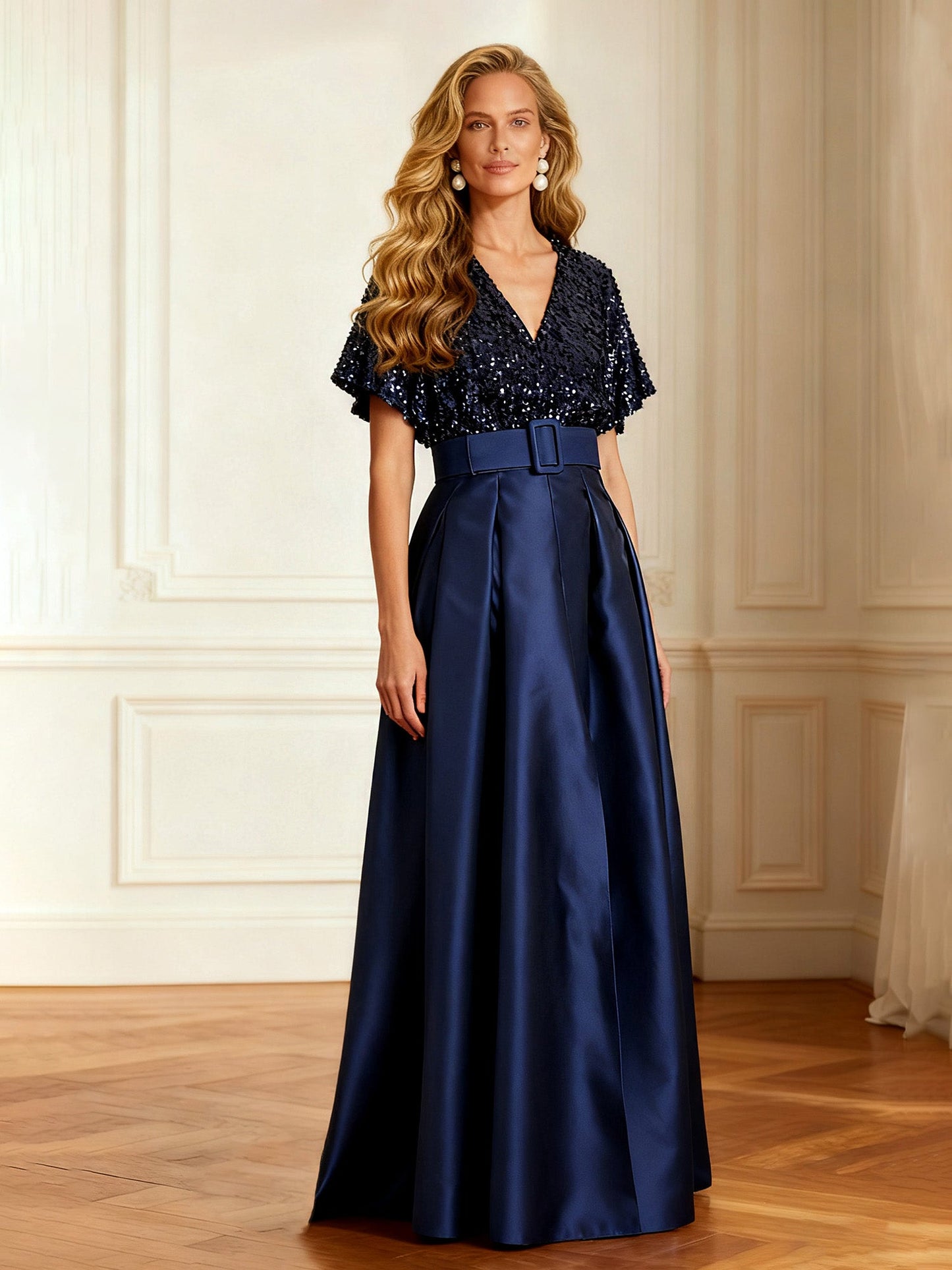 A-Line Lace Sequins V-neck Satin Long Dress Dark Navy