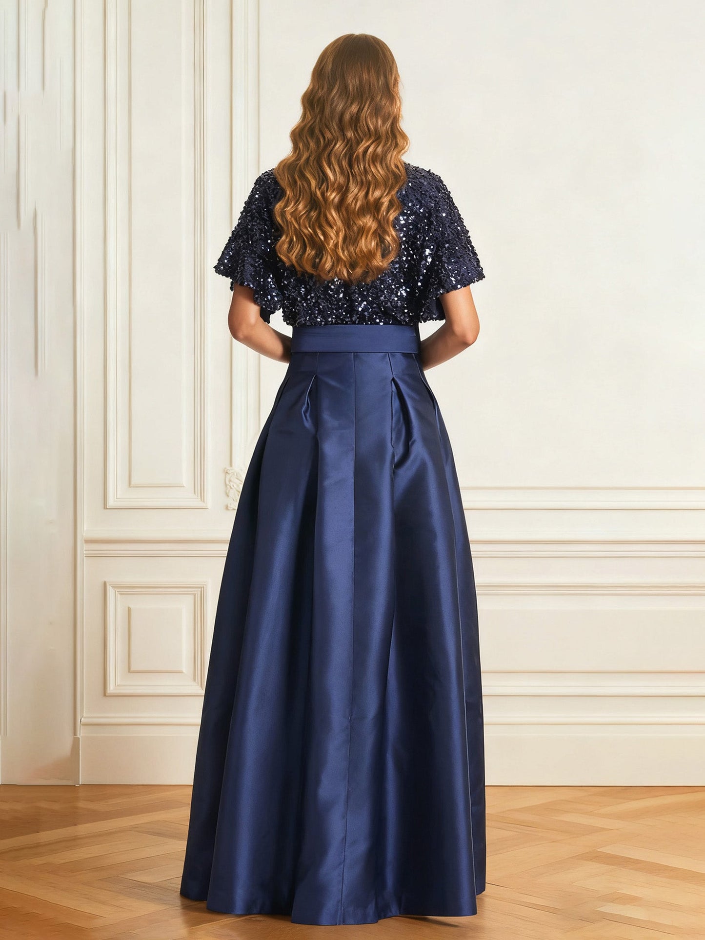 A-Line Lace Sequins V-neck Satin Long Dress Dark Navy