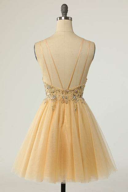 Yellow Tulle Plunge V A-Line Beaded Short Cocktail Dress