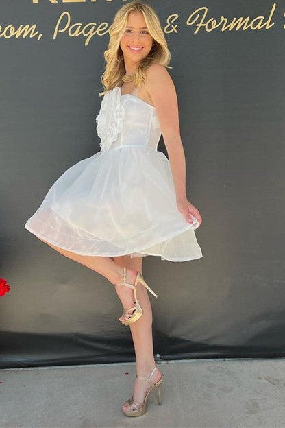 White Strapless A-Line Cocktail Dress with Flower