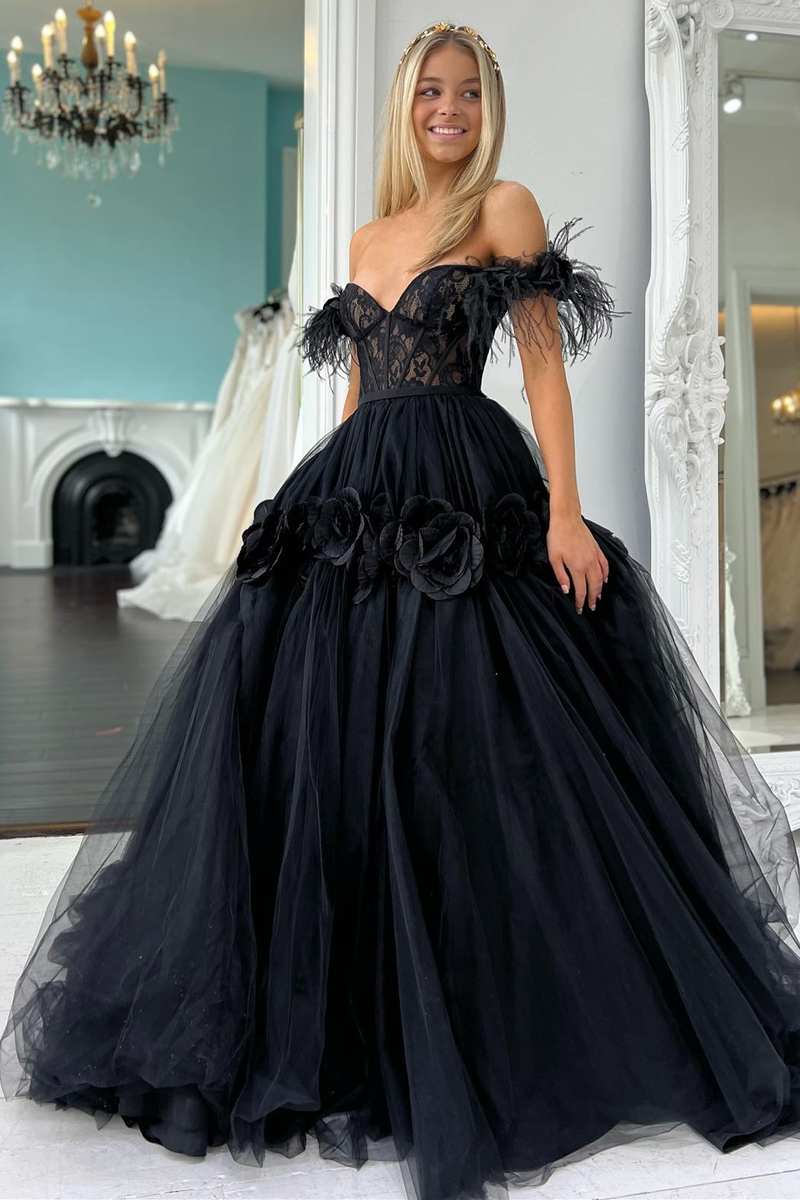 Lace Feather Off-the-Shoulder A-Line Long Prom Dress with 3D Floral Lace