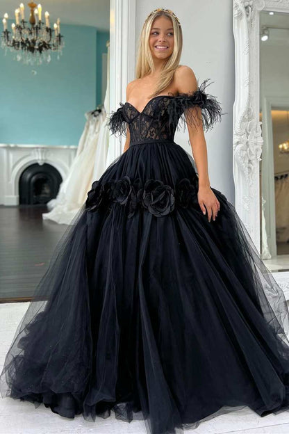 Lace Feather Off-the-Shoulder A-Line Long Prom Dress with 3D Floral Lace