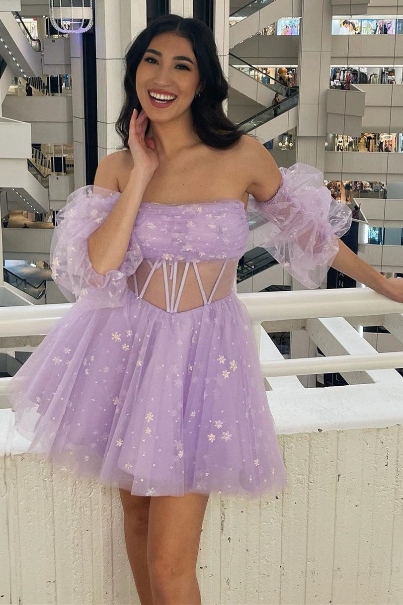 Pink Tulle Strapless A-Line Short Dress with Balloon Sleeves