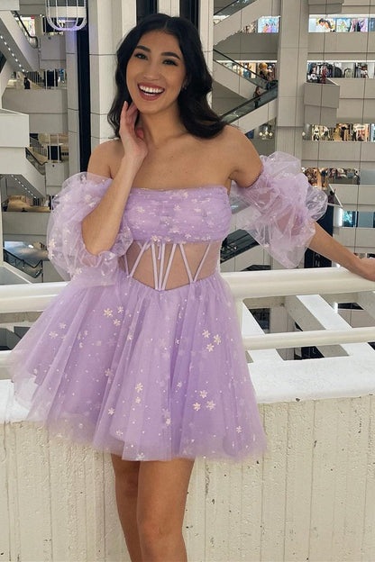 Pink Tulle Strapless A-Line Short Dress with Balloon Sleeves