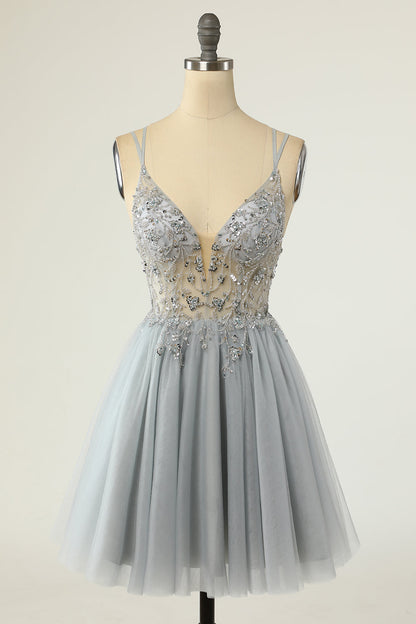 Gray Sheer Bodice Beaded Short Gown with Spaghetti Straps