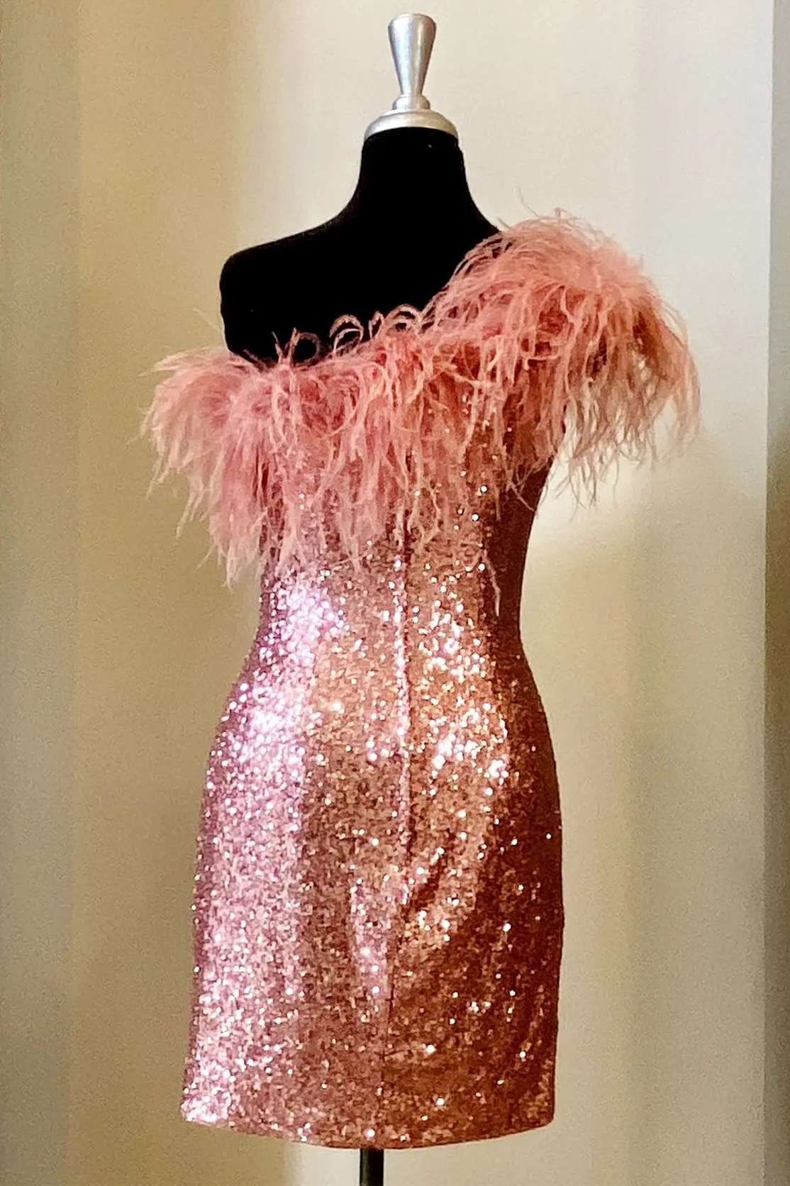 Pink Sequin Feather One-Shoulder Mini Dress