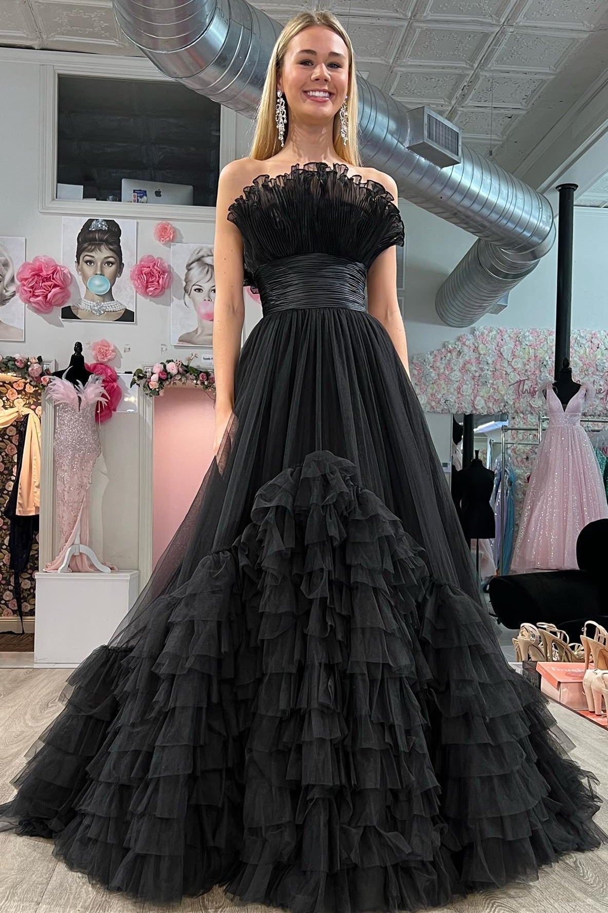 White Organza Strapless Belted A-Line Tiered Prom Dress with Ruffles