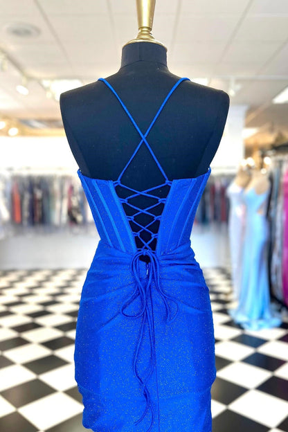 Blue Beaded Cowl Neck Lace-Up Short Cocktail Dress
