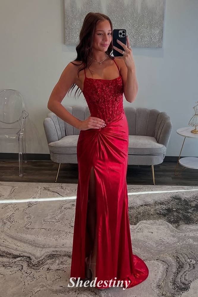 Luxury Sequin Red Mermaid Pleated Slit Prom Dress with Spaghetti Straps