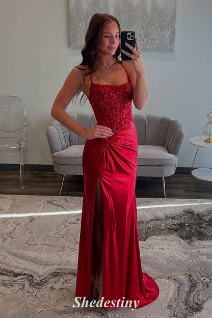 Luxury Sequin Red Mermaid Pleated Slit Prom Dress with Spaghetti Straps