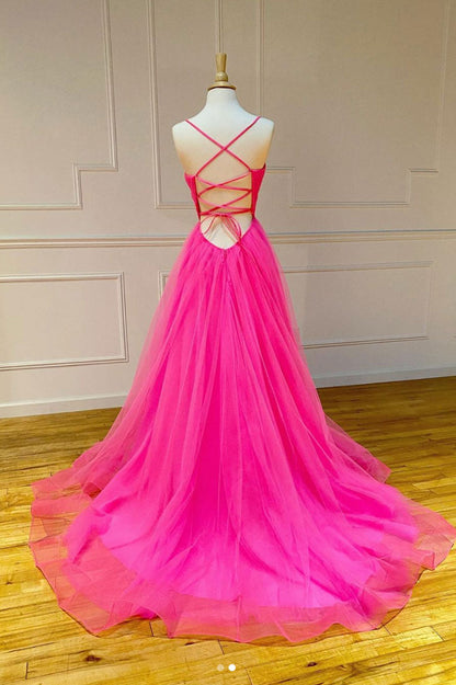 Simple pink tulle long prom dress pink tulle formal dress