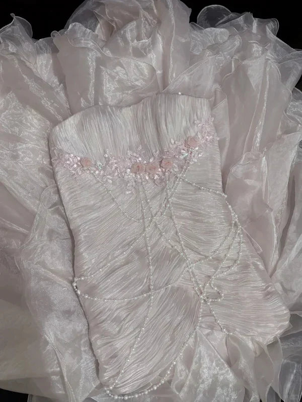 Elegant Light Pink Strapless Chiffon Sweet 16 Quinceanera Mermaid Evening Dress Ball Gown HZ1024