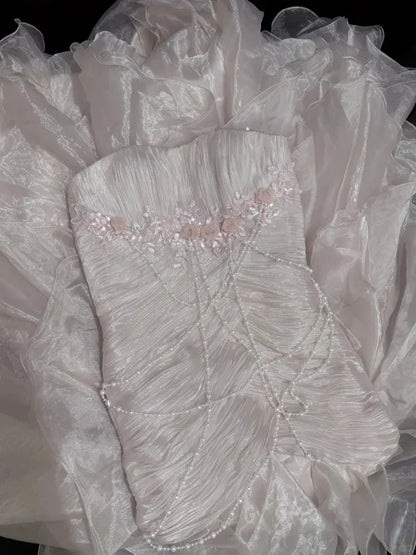 Elegant Light Pink Strapless Chiffon Sweet 16 Quinceanera Mermaid Evening Dress Ball Gown HZ1024