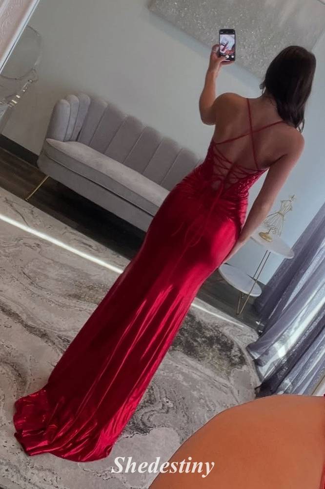 Luxury Sequin Red Mermaid Pleated Slit Prom Dress with Spaghetti Straps