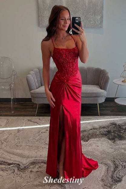 Luxury Sequin Red Mermaid Pleated Slit Prom Dress with Spaghetti Straps