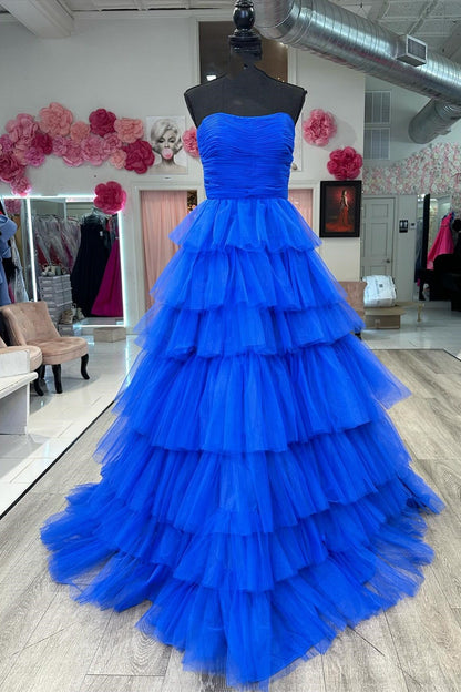 White Strapless Tiered A-Line Long Prom Dress with Ruffles