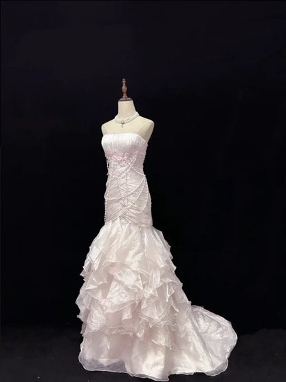 Elegant Light Pink Strapless Chiffon Sweet 16 Quinceanera Mermaid Evening Dress Ball Gown HZ1024