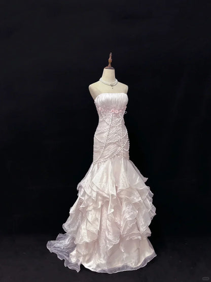 Elegant Light Pink Strapless Chiffon Sweet 16 Quinceanera Mermaid Evening Dress Ball Gown HZ1024