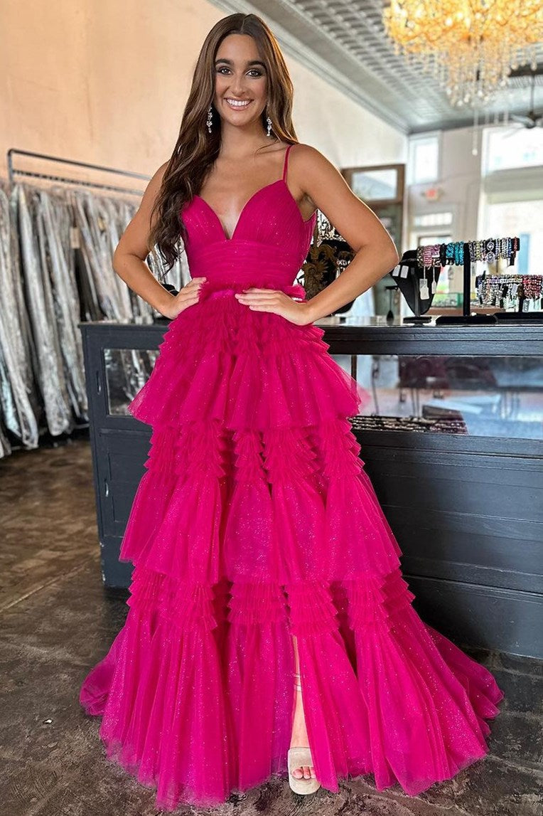 Black Tulle Multi-Tiered V-Neck Long Prom Dress