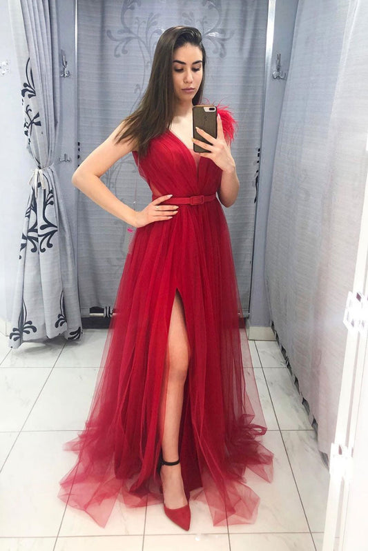 Burgundy v neck tulle long prom dress burgundy formal dress