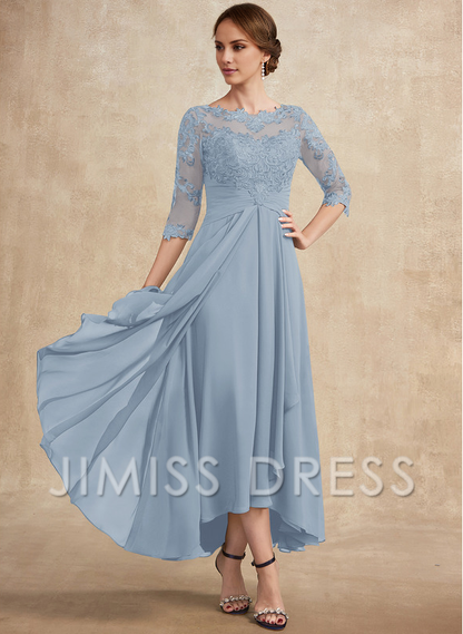 Jimiss A-line hollow illusion asymmetrical lace chiffon belt with layered ruffles mother of the bride dress