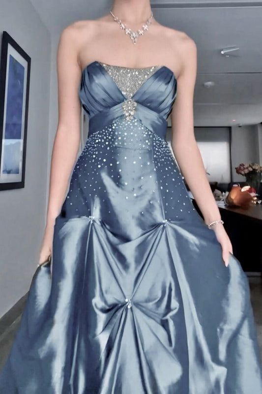 Dusty Blue Satin Beaded Bandeau Gown: Heavy Sparkle Stone, Ruched Mermaid, High-end Evening Maxi Dress gh6602