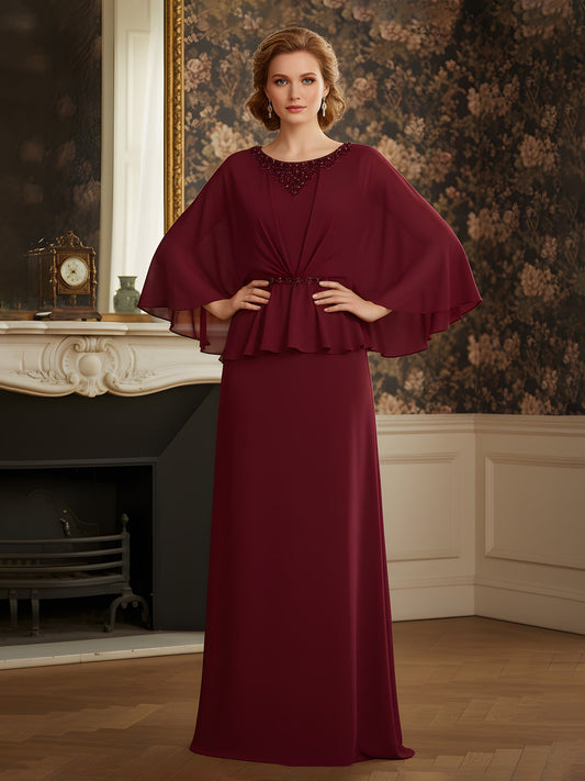 Rhinestone Scoop Neck Chiffon Floor-Length Dress Burgundy