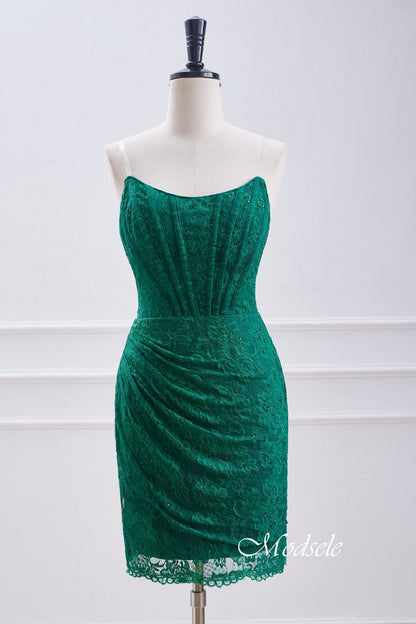 Strapless Hunter Green Lace Pleated Tight Homecoming Dress