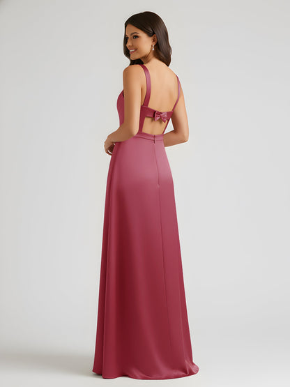 Square Neck Floor Length Open Back Bow Dresses Cinnamon Rose