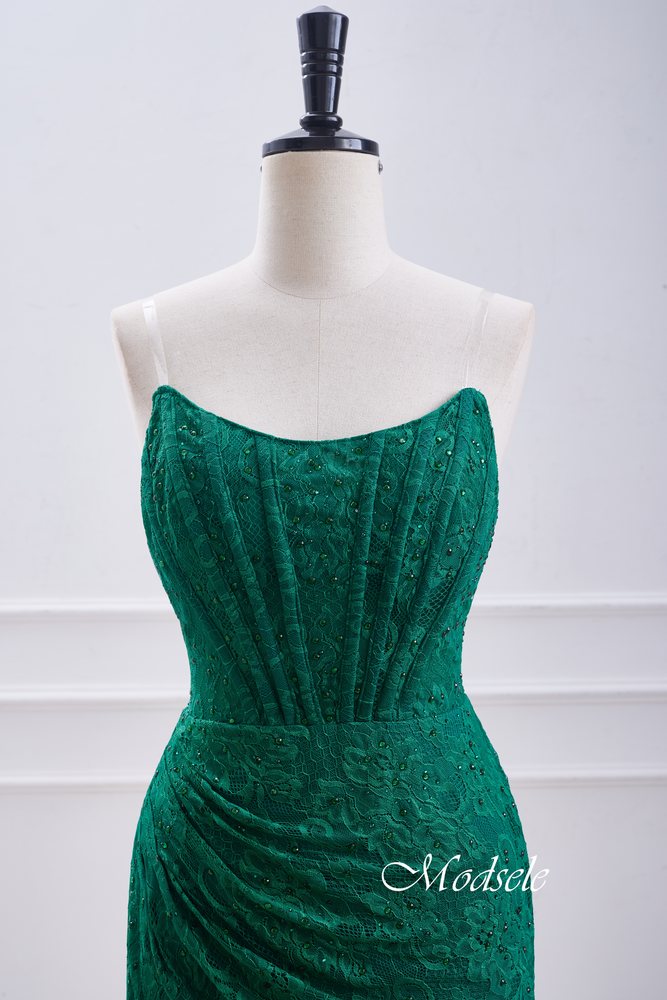 Strapless Hunter Green Lace Pleated Tight Homecoming Dress