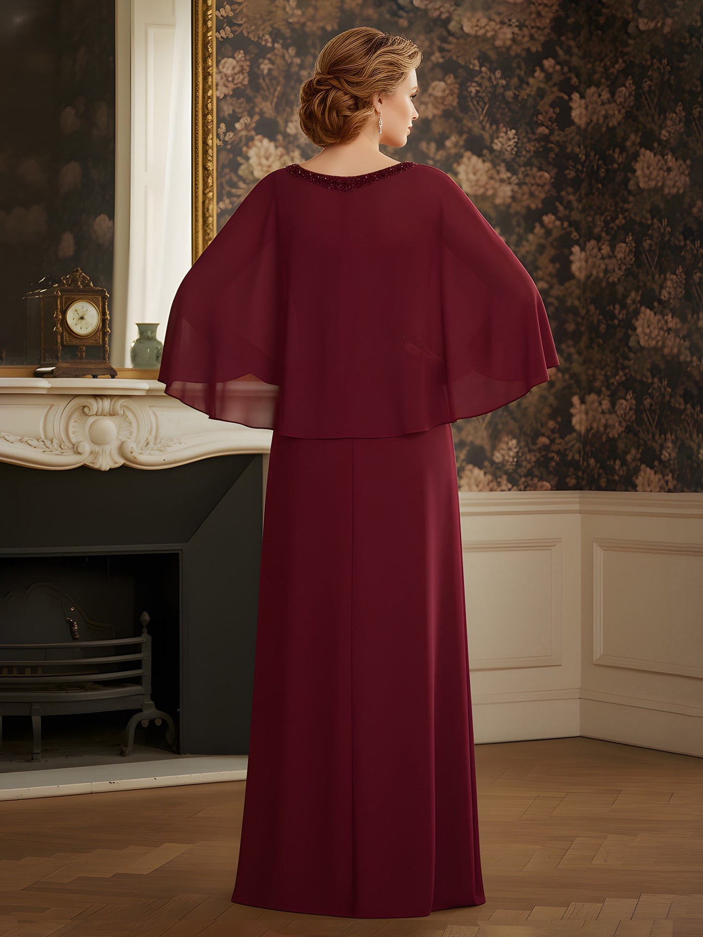 Rhinestone Scoop Neck Chiffon Floor-Length Dress Burgundy