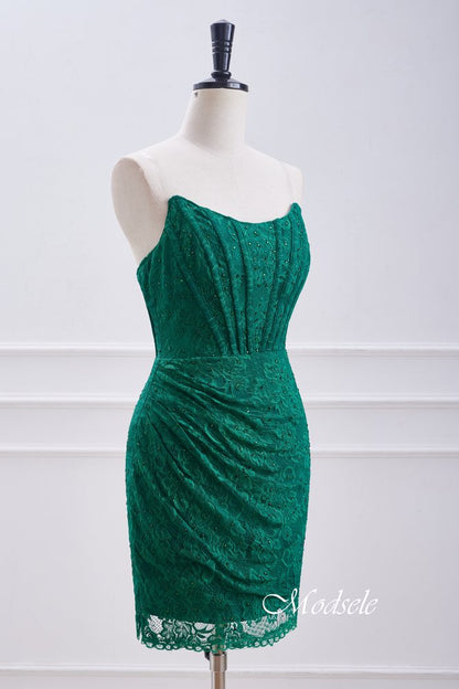 Strapless Hunter Green Lace Pleated Tight Homecoming Dress
