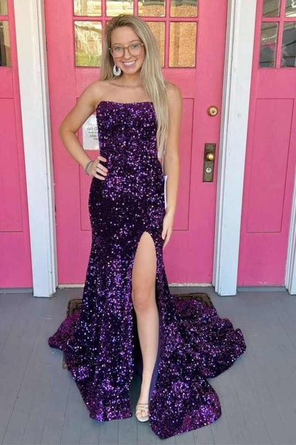 Burgundy Sequin Strapless Mermaid Long Prom Dress