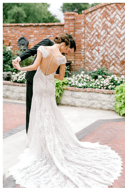Elegant Sheer Back Cap Sleeves Ivory Wedding Dress