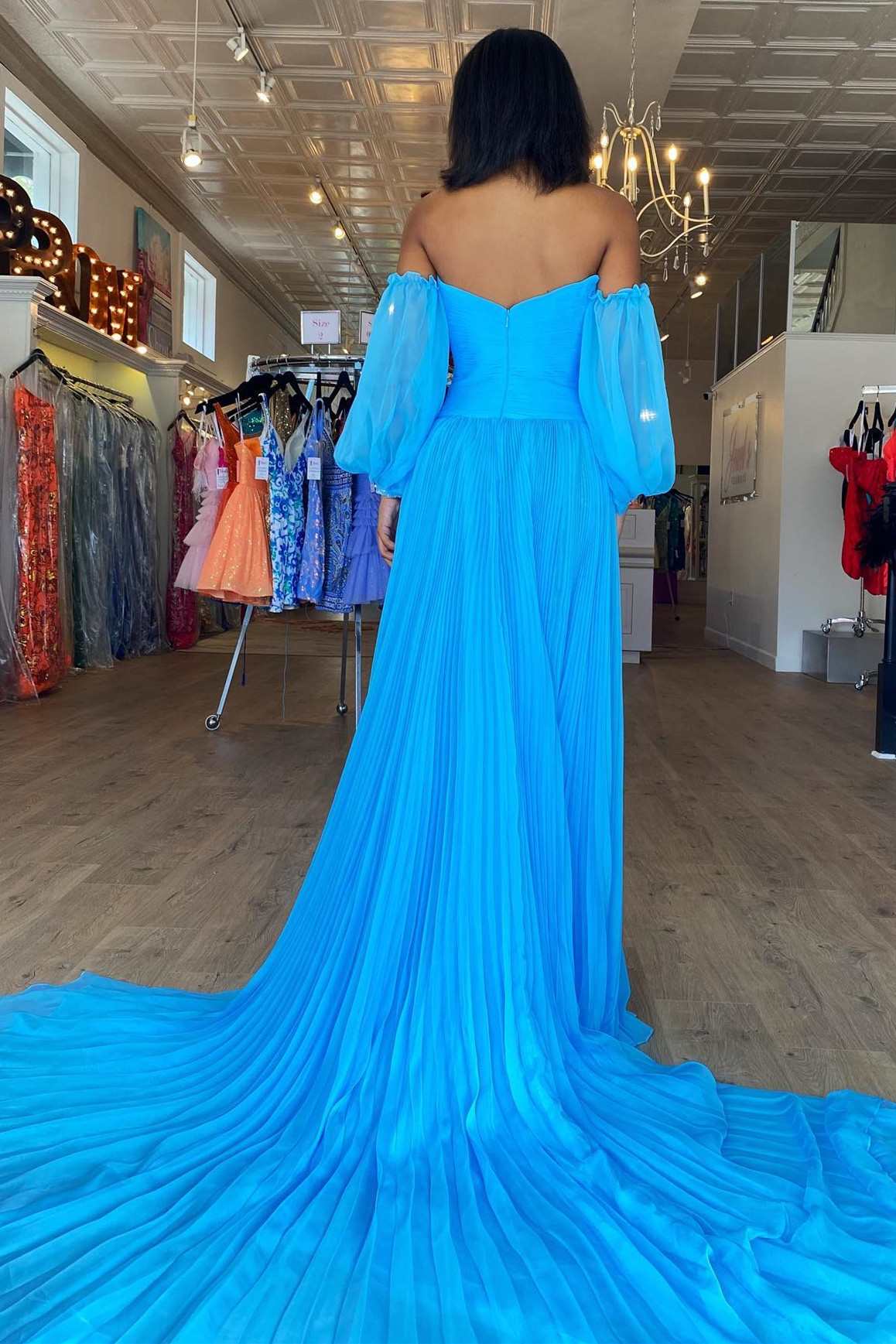 Off-Shoulder Beaded Strapless Cutout Long Prom Dress with Balloon Sleeves
