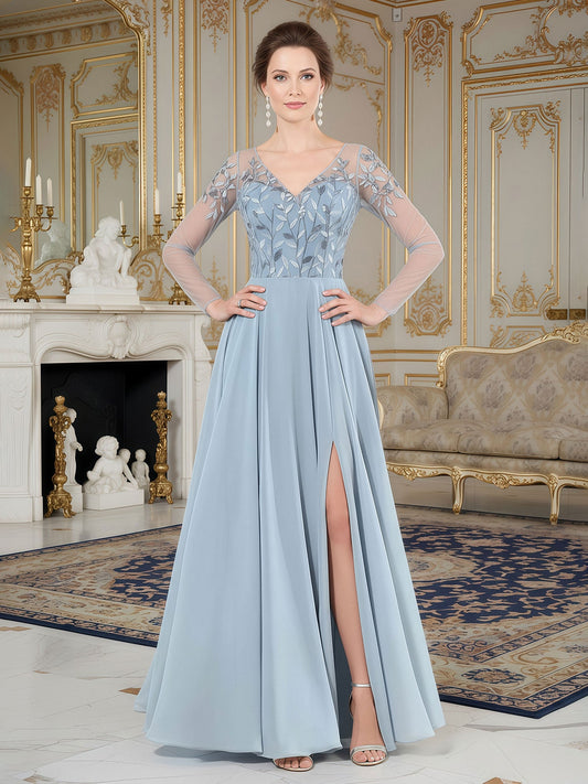 V-neck A-Line Applique Chiffon Long Dress With Slit Sky Blue