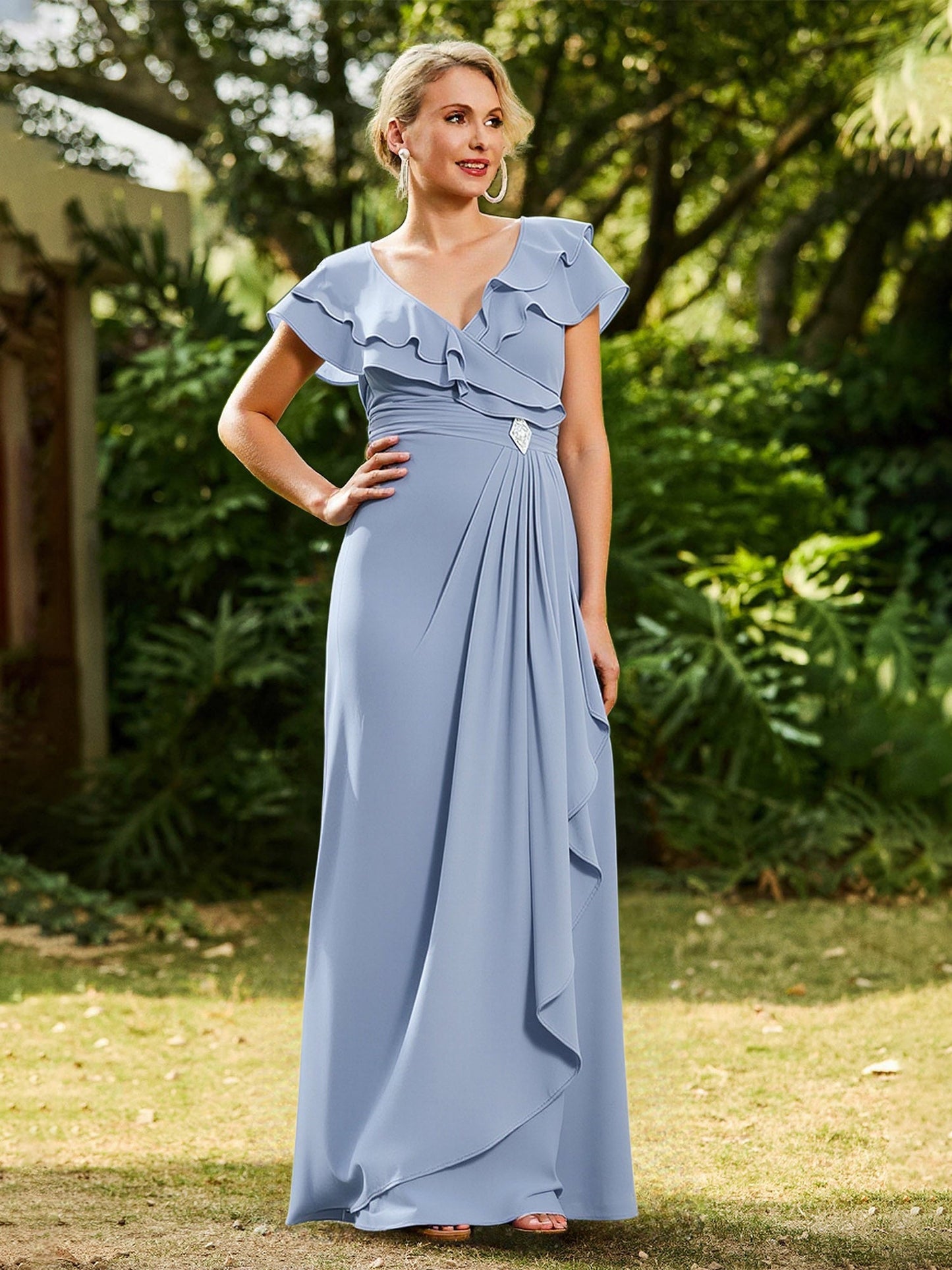 A-Line Flutter Sleeves Ruffles Chiffon Long Dress Dusty Blue