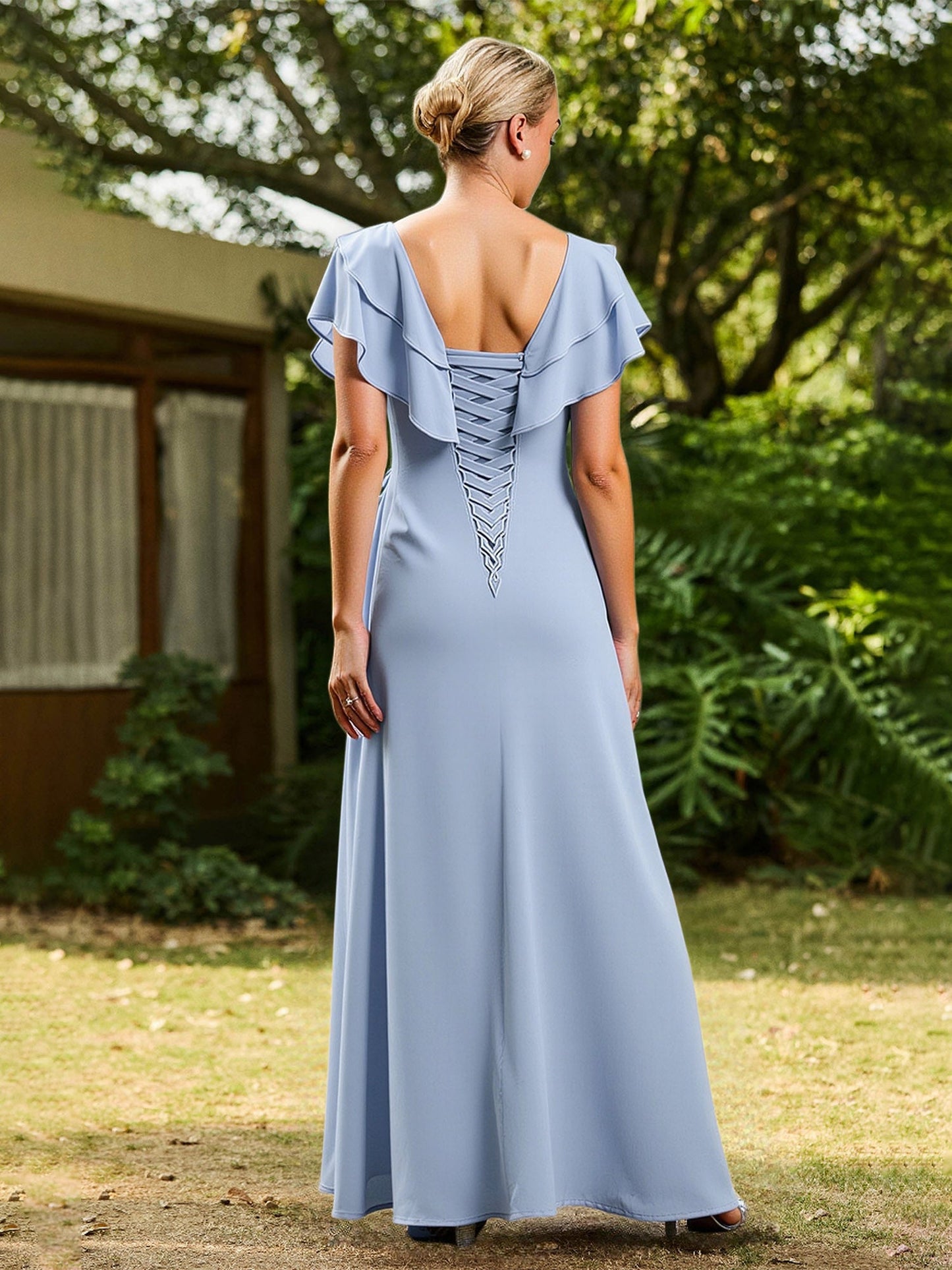 A-Line Flutter Sleeves Ruffles Chiffon Long Dress Dusty Blue