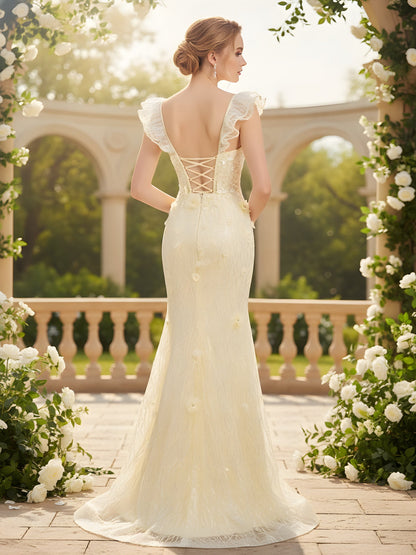 3D Floral Applique Lace Corset Mermaid Gown Daffodil