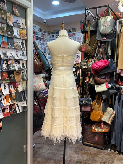 Elegant Ivory Strapless Fitted Waist Feather Lace A-line Prom Dress Evening Dress cc5309